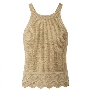 Inicio 3 Conjunto de Punto Calado Dorado – Top Halter y Falda Mini – Talla XS/S