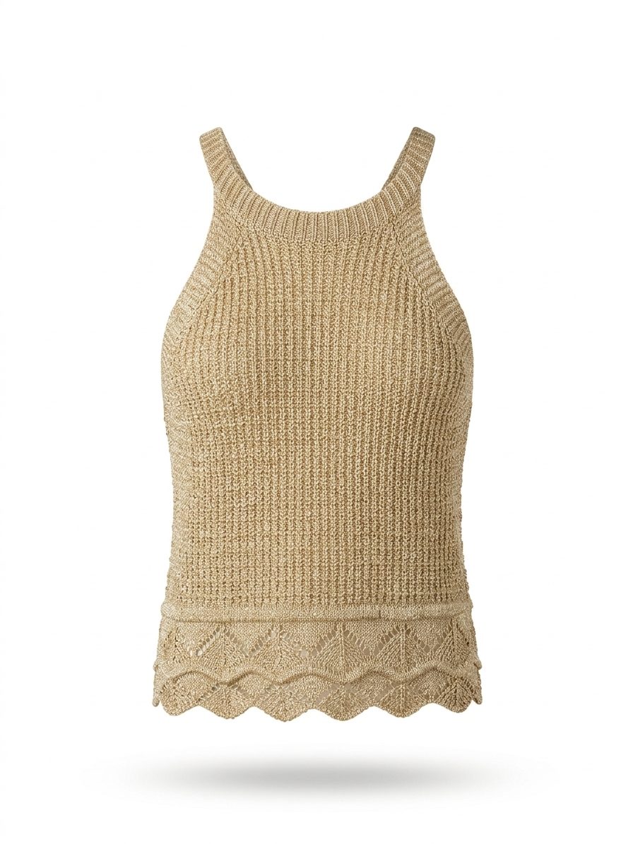 Conjunto de Punto Calado Dorado – Top Halter y Falda Mini – Talla XS/S 1 Conjunto de Punto Calado Dorado – Top Halter y Falda Mini – Talla XS/S