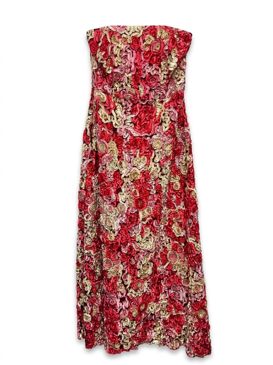 Vestido de Gala Mercedes Romero – Flores 3D Rojo y Oro – Talla S/M 1 Vestido de Gala Mercedes Romero – Flores 3D Rojo y Oro – Talla S/M