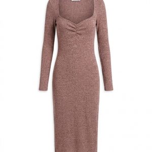 Vestido Midi de Punto Mango – Escote Corazón Fruncido – Talla M